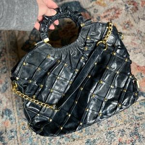 Big Buddha Faux Leather Gold Studded Navy Satchel/Tote